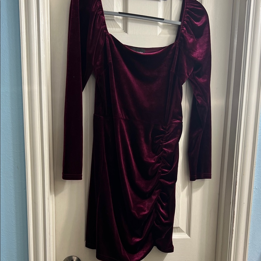 Lucy Paris Velvet Long Sleeve Dress in Deep Burgundy